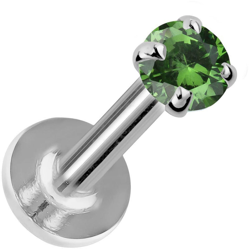 3mm emerald prong-set flat back labret in 14K white gold, angled view showing post and flat disc back