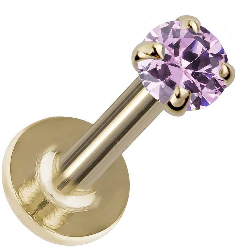 2mm pink sapphire flat back labret in 14K yellow gold, flat disc backing visible, angled product view