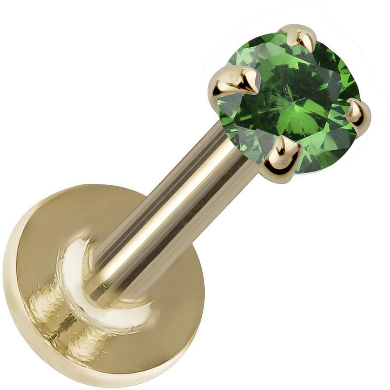 3mm emerald 14K yellow gold prong-set flat back labret, angled view showing flat disc backing and post