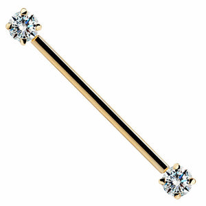 14k yellow gold industrial barbell with dual clear CZ prong ends, front view on white background