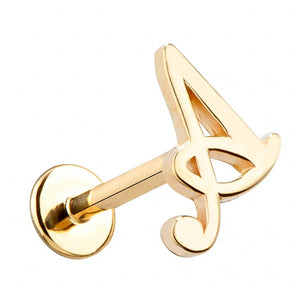 14K yellow gold letter A flat back cartilage stud showing script initial and flat disc backing