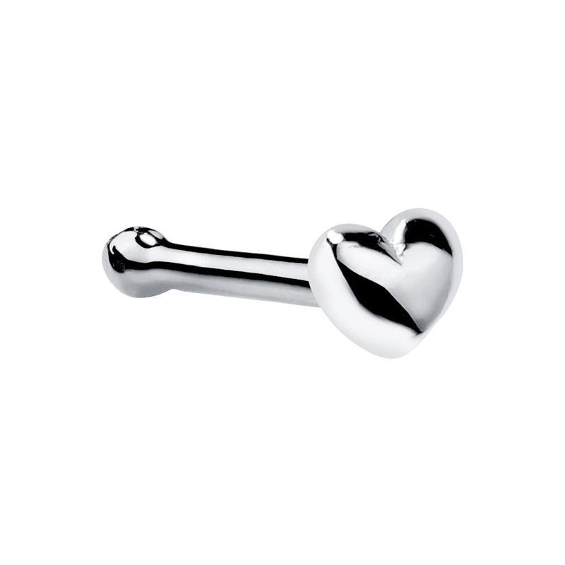 14k white gold puffy heart nose bone style, side view showing polished heart and ball-tipped post