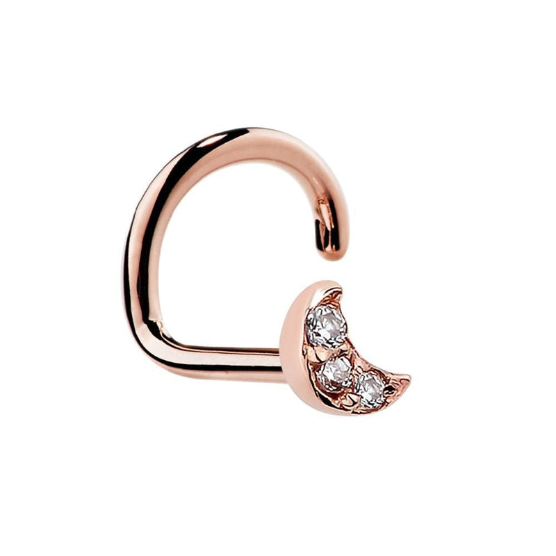 14K rose gold diamond pave crescent moon nose ring, twist screw style, front angled view