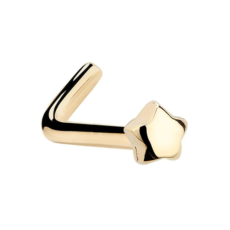 14K yellow gold puffy star L-shape nose stud, angled view showing 3mm star end and L-bend post