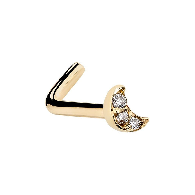 14K yellow gold diamond pave crescent moon nose ring, L-shape style, side profile view