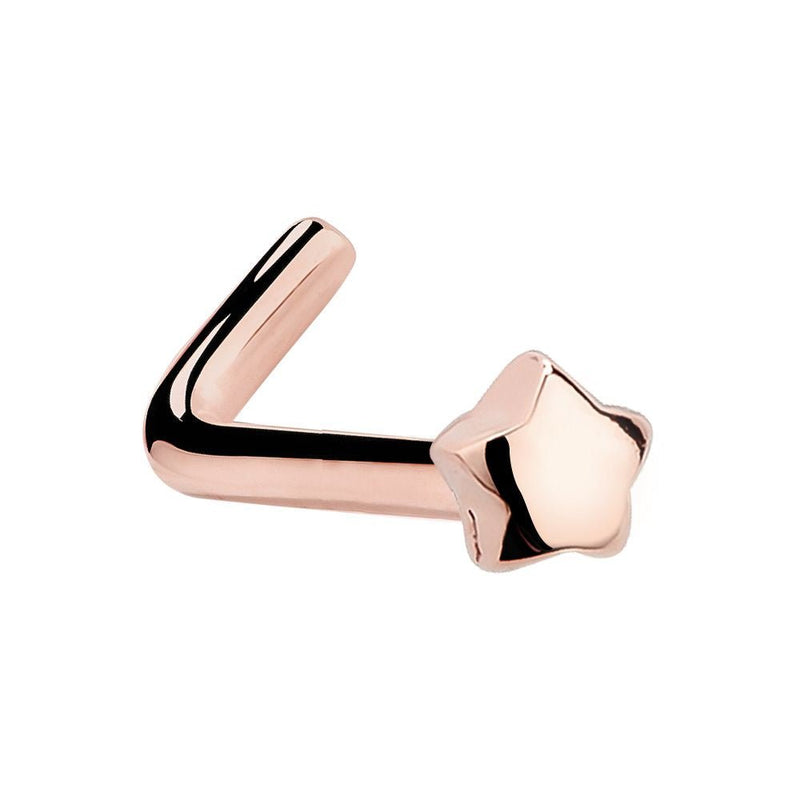 14K rose gold puffy star nose ring L-shape style, angled view highlighting warm gold tone and star end
