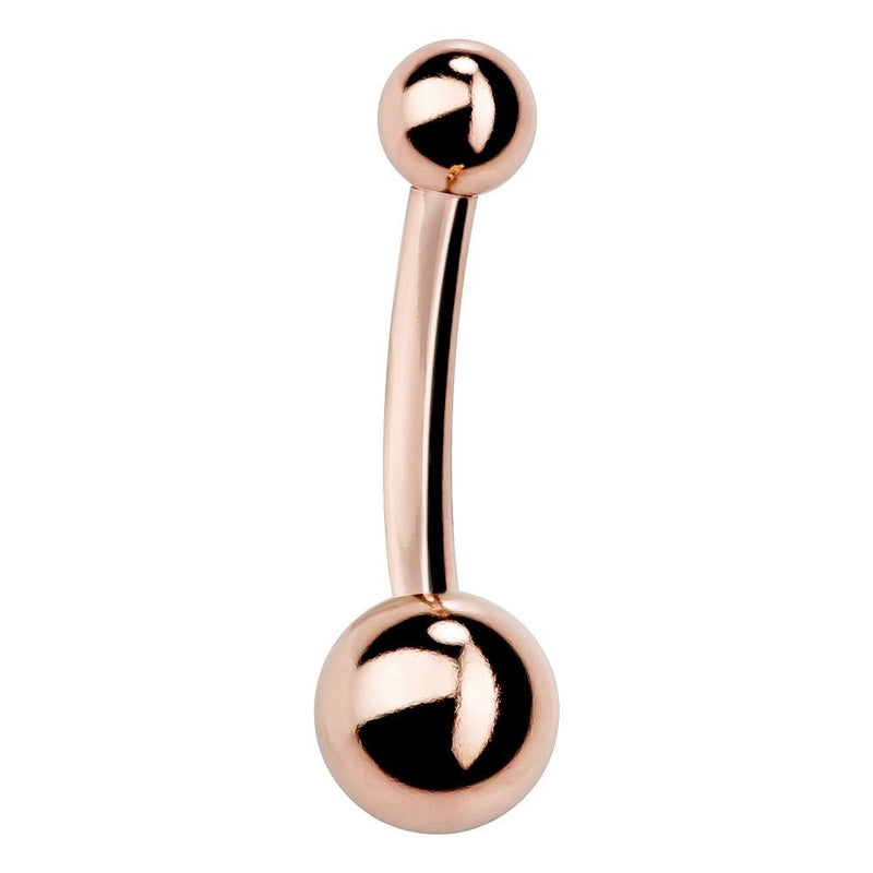 14k rose gold double ball navel ring with polished 4mm top and 6mm bottom ball, white background