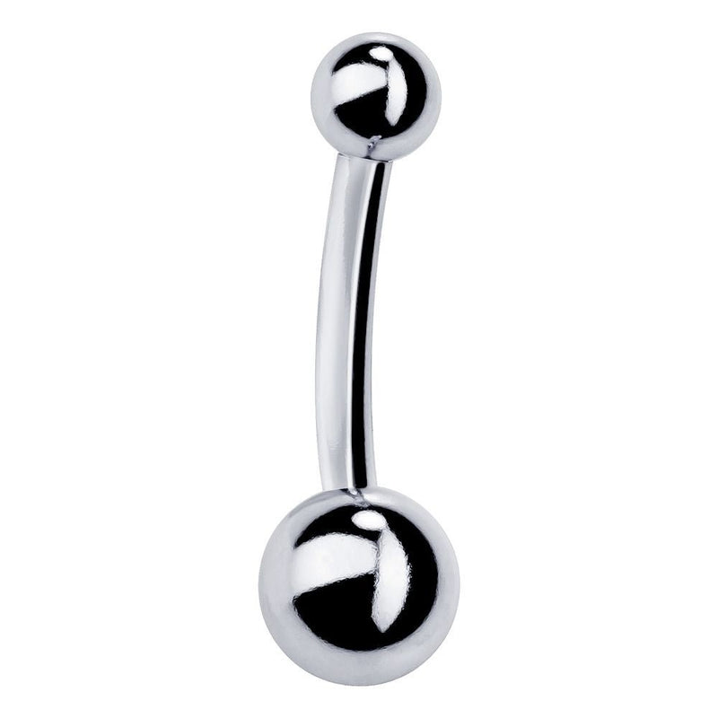 14k white gold double ball belly button ring with high-polish finish, front view on white background