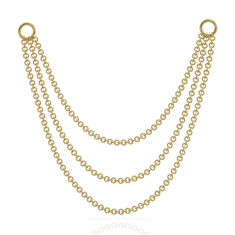 14k yellow gold three-link piercing chain connector, 65mm, wider triple drape showing increased span between clasps