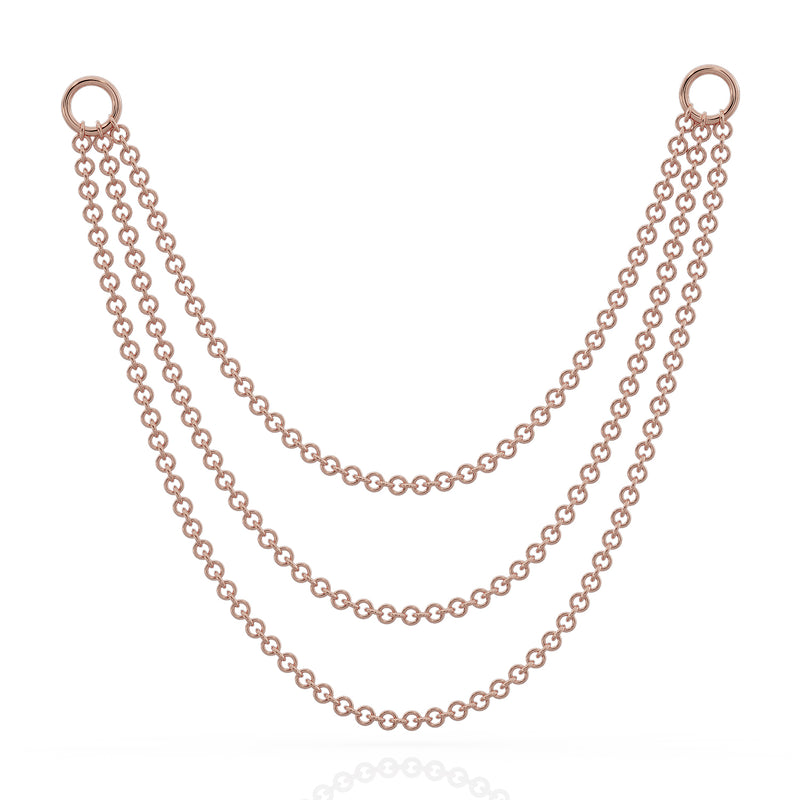 14k rose gold three-link piercing chain connector, 65mm, layered triple drape with ring clasp ends, front view