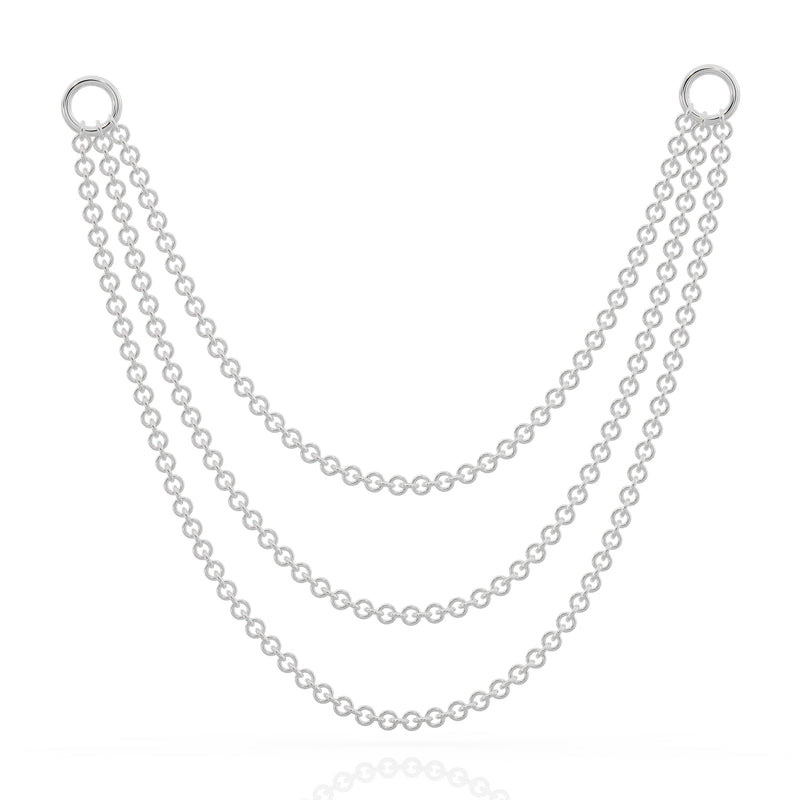 14k white gold three-link piercing chain connector, 65mm, triple draped cable chains with ring clasps, front view