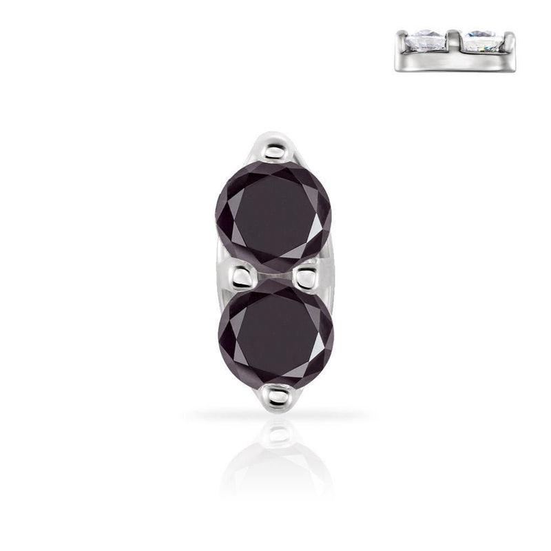 14K white gold double black diamond nose ring close-up showing dual prong-set 1.7mm stones, front view