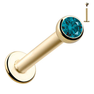 14k yellow gold flat back labret with 2mm teal blue diamond bezel setting, front view with size inset
