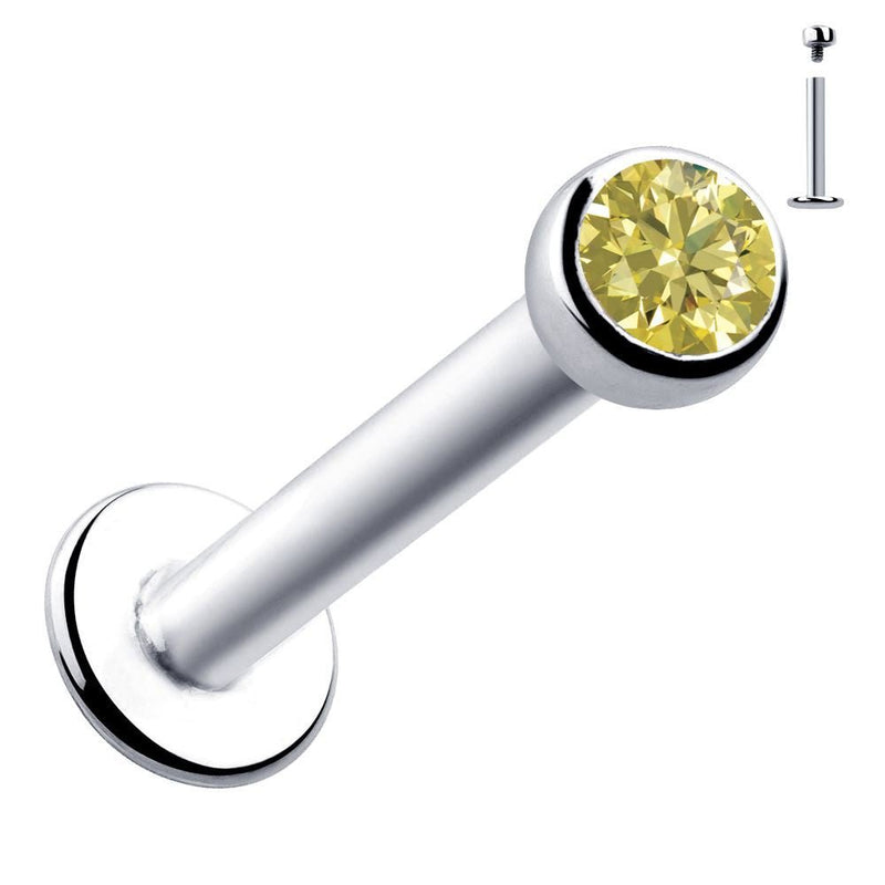 14k white gold flat back labret with 2mm yellow diamond bezel setting, front view with post inset
