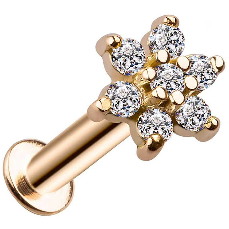 14k yellow gold diamond flower flat back labret angled view showing sparkle of seven prong-set diamonds
