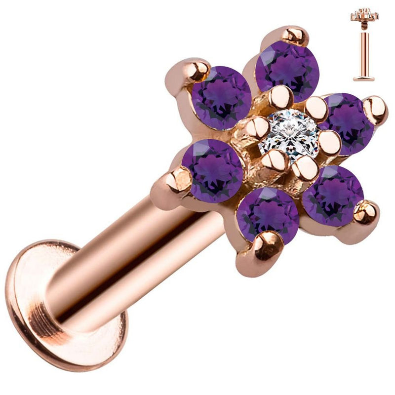 14k rose gold purple CZ flower flat back labret with threaded end detail inset, angled view