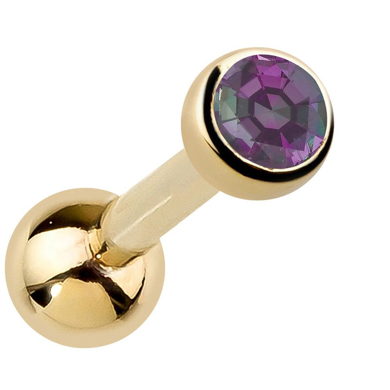 14k yellow gold bezel-set alexandrite-style purple cartilage stud showing color-shift gemstone
