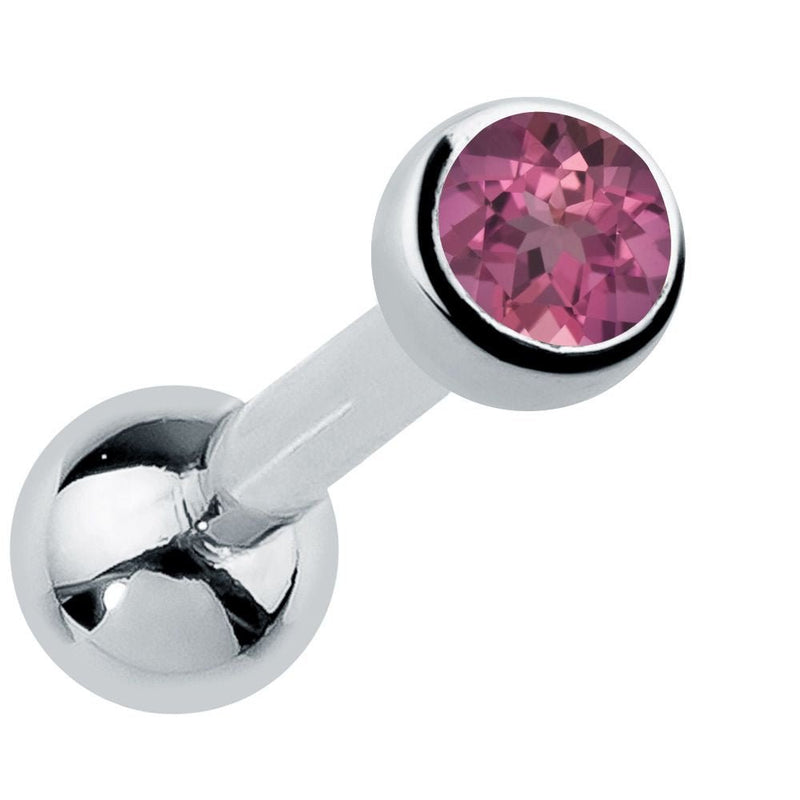 14k white gold bezel-set tourmaline cartilage stud with soft pink genuine gemstone, angled view