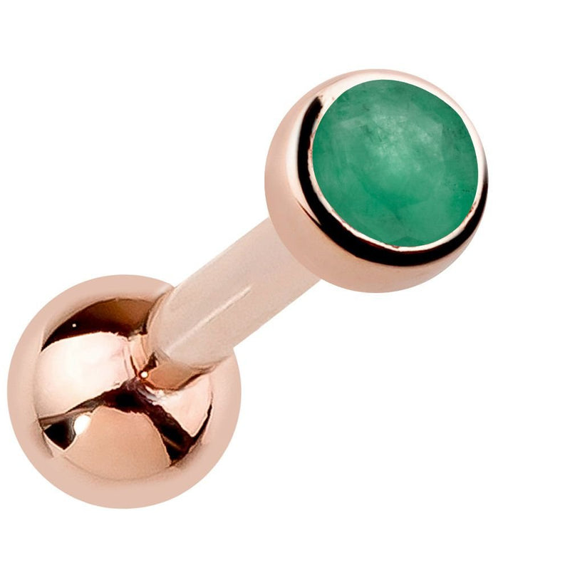 14k rose gold bezel-set emerald cartilage stud with rich green genuine gemstone, angled view