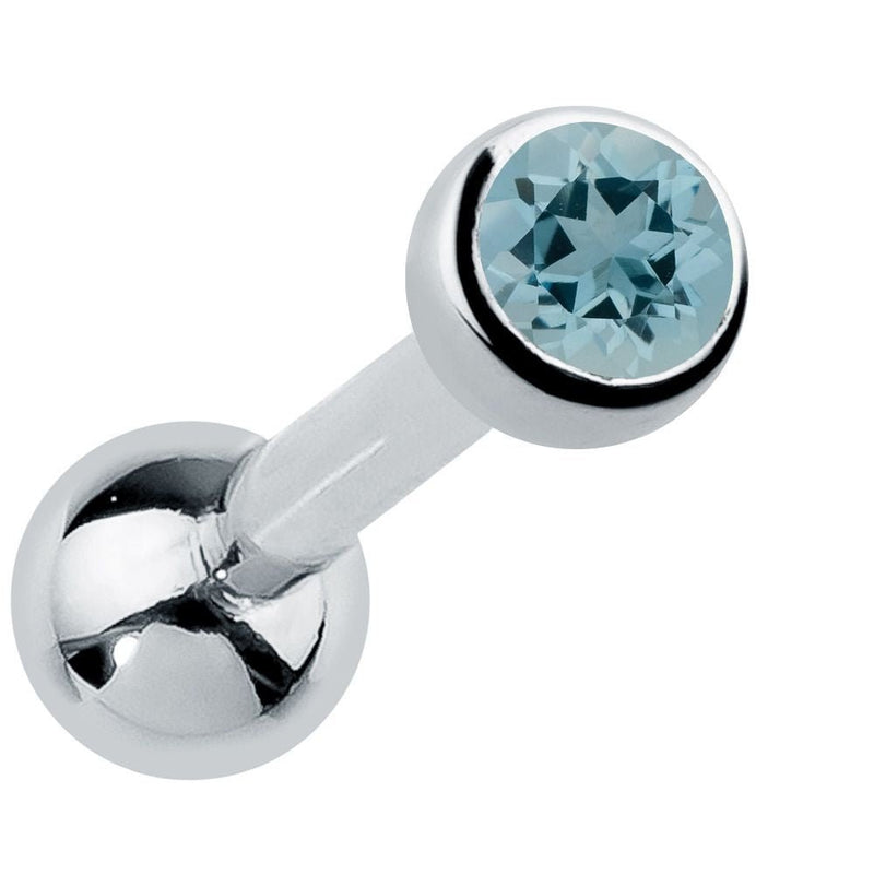 14k white gold bezel-set aquamarine cartilage stud with pale sky-blue genuine gemstone, angled view