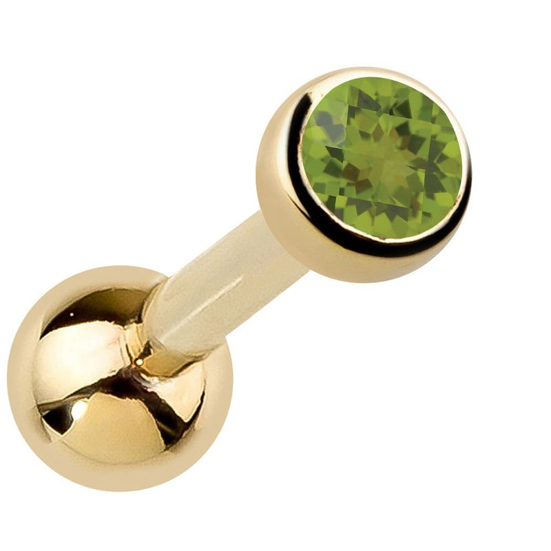 14k yellow gold bezel-set peridot cartilage stud with bright green genuine gemstone, angled view