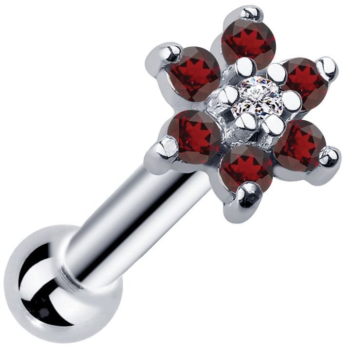 14k white gold flower cluster cartilage stud with red CZ petals and clear center gem, angled view