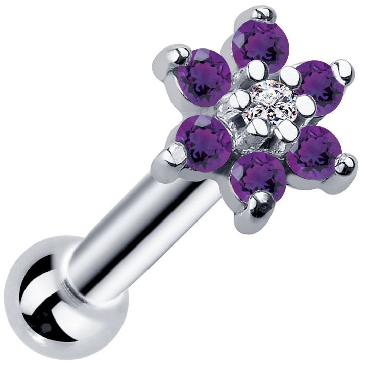 14k white gold flower cluster cartilage stud with purple CZ petals and clear center stone, angled view