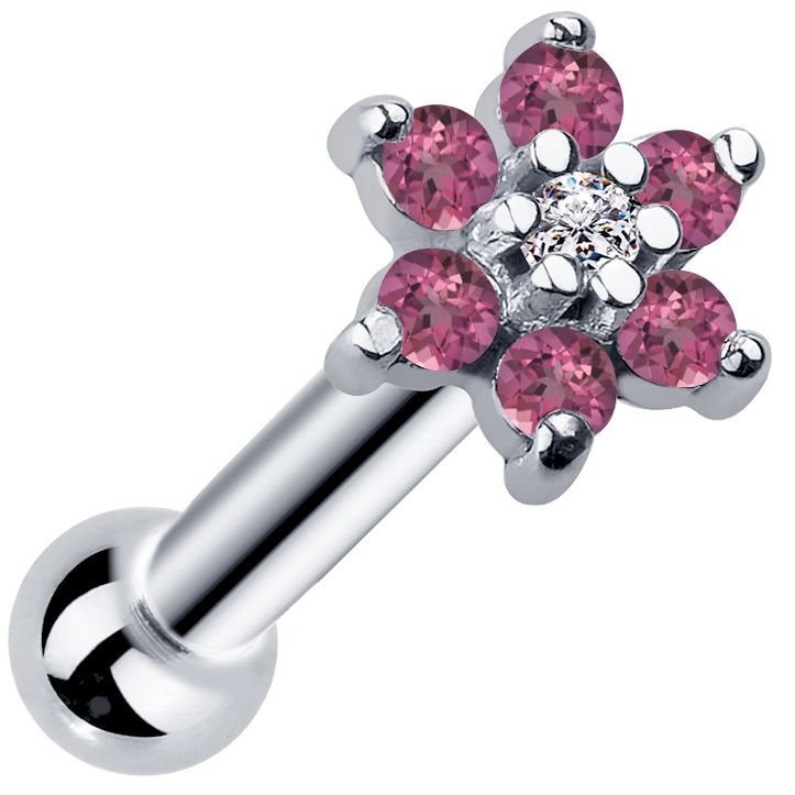 14k white gold flower cluster cartilage stud with pink CZ petals and clear center stone, angled view