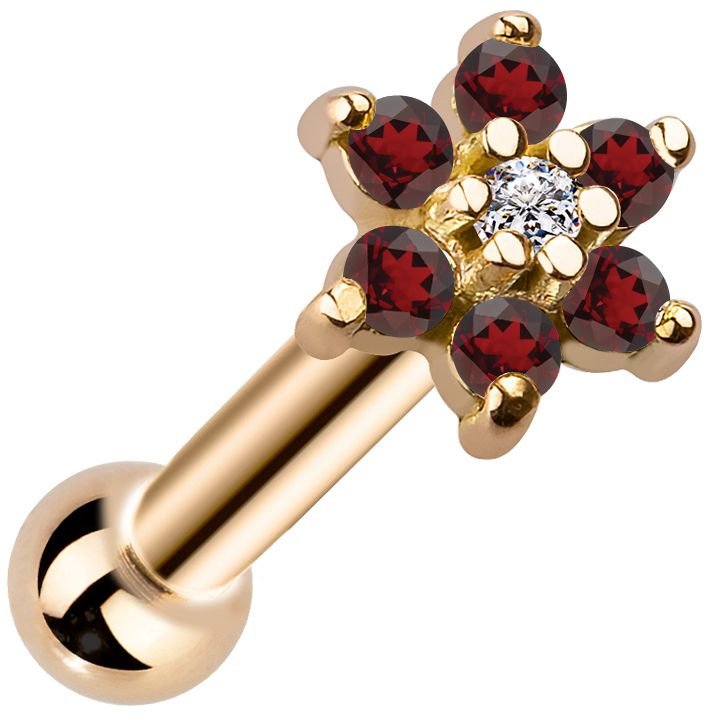 14k yellow gold flower cartilage stud with deep red CZ petals and clear center gem, close angled view