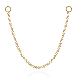 14k yellow gold link chain piercing connector with two ring ends, front view on white