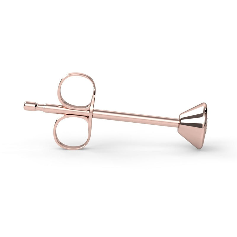 Side profile of 14K rose gold bezel stud earring showing slender post, butterfly back, and cone setting