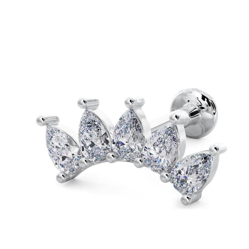 14k white gold 5-pear crescent cartilage labret, angled view showing flat back ball and post