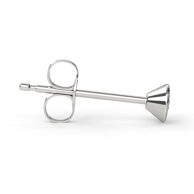 Side profile of 14K white gold bezel stud earring showing slender post and low-profile cone-shaped setting