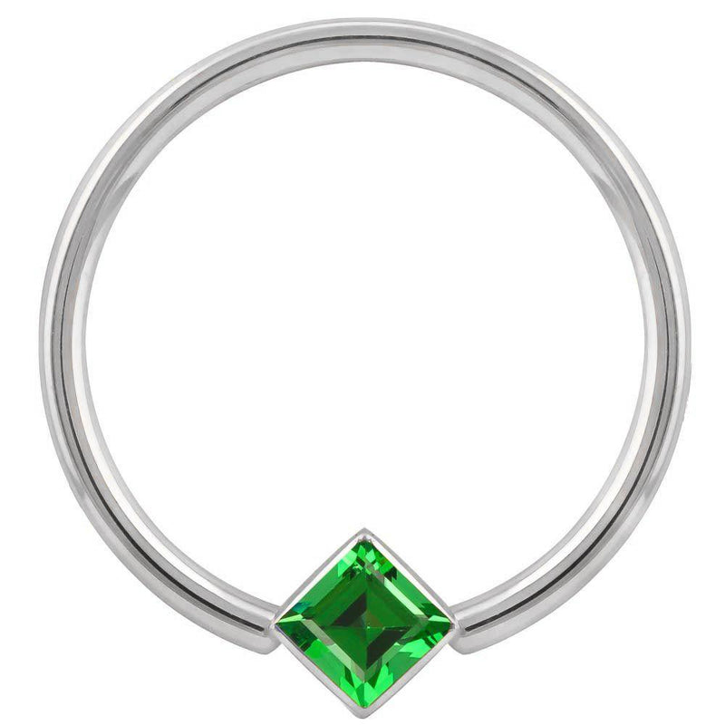 14k white gold fixed bead ring with green princess-cut CZ in corner bezel setting, front view