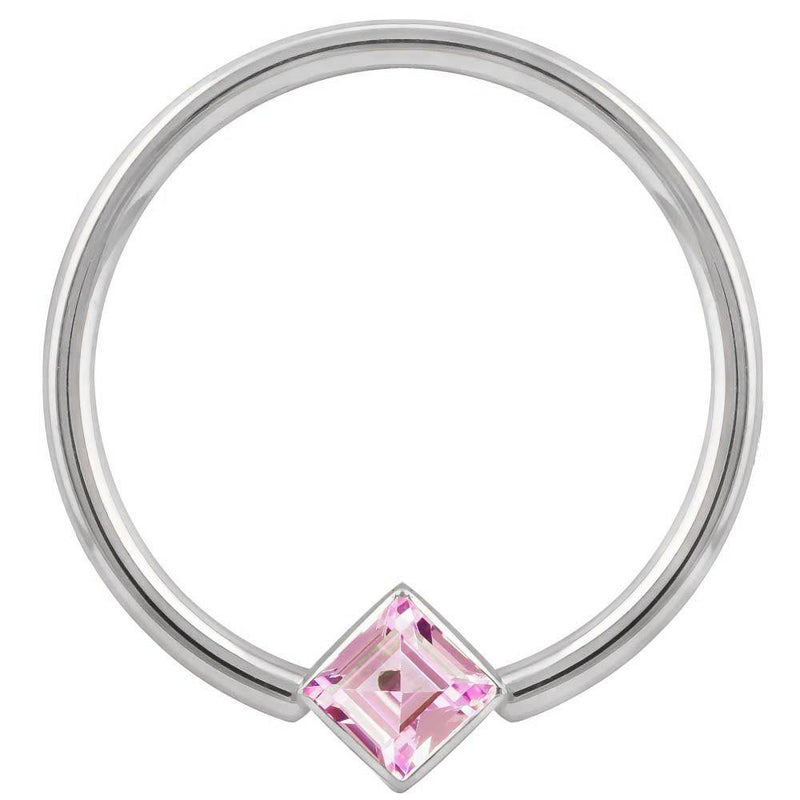 14k white gold fixed bead ring with pink princess-cut CZ corner-mount bezel, front view