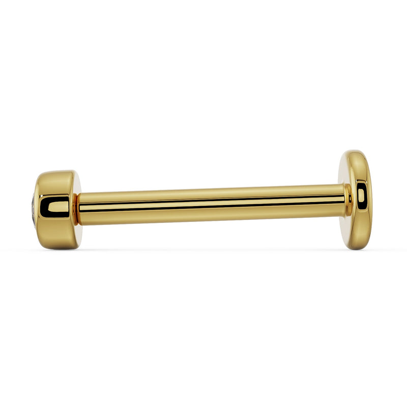 Side profile of 14k yellow gold 2mm diamond bezel flat back labret showing post and flat disc