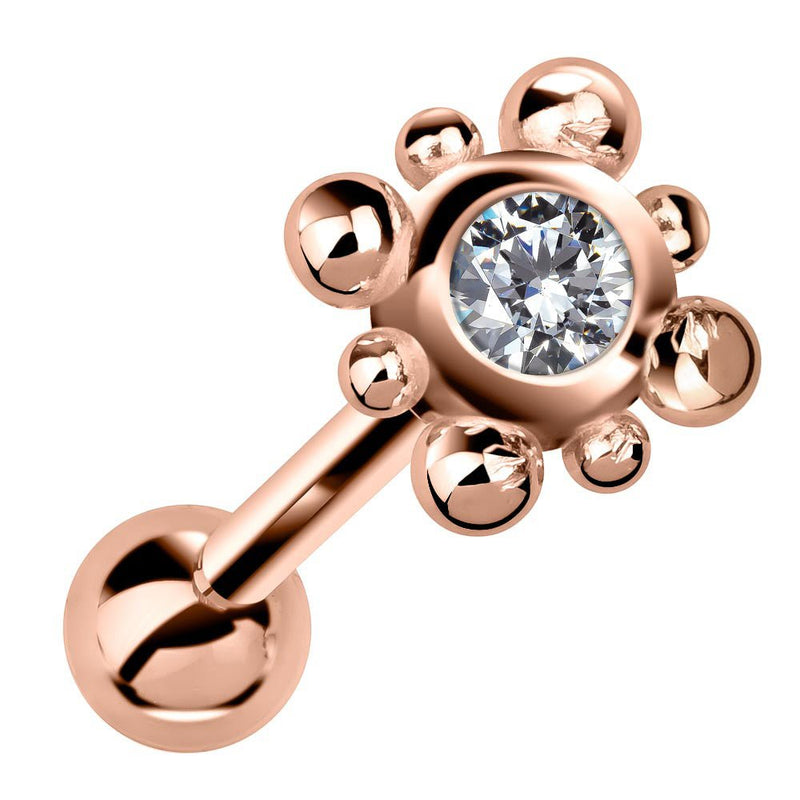 14k rose gold beaded bezel cartilage stud with clear cubic zirconia, angled product view