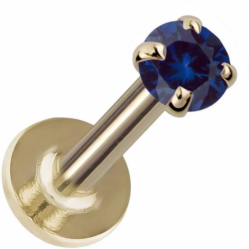 3mm blue sapphire prong-set flat back labret in 14K yellow gold showing post and flat disc backing