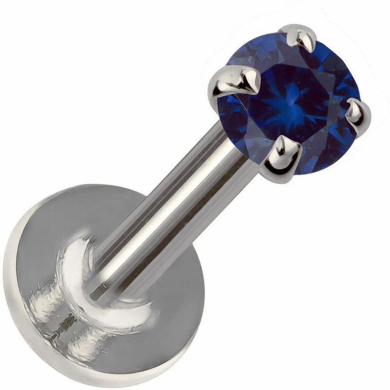 3mm blue sapphire prong-set flat back labret in 14K white gold showing post and flat disc backing