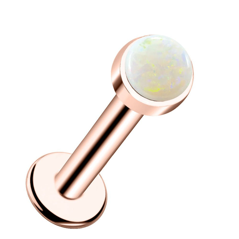 14k rose gold flat back labret stud with 2mm white opal cabochon in bezel setting, front view