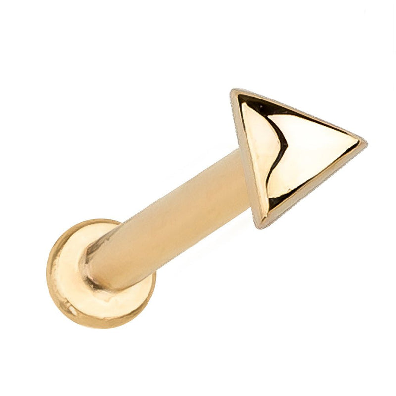14k yellow gold 2mm triangle flat back labret stud with flat disc backing, angled product view