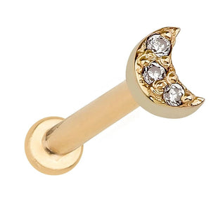 14K yellow gold crescent moon labret stud with 3 pave diamonds, angled view showing flat back post
