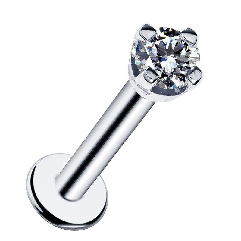14k white gold flat back labret stud with 2mm CZ in raised 4-prong basket setting, front angle view
