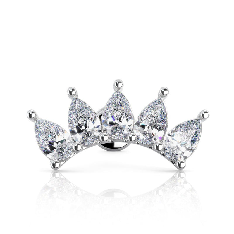 14k white gold crescent climber cartilage stud with 5 pear-cut white sapphires, front view