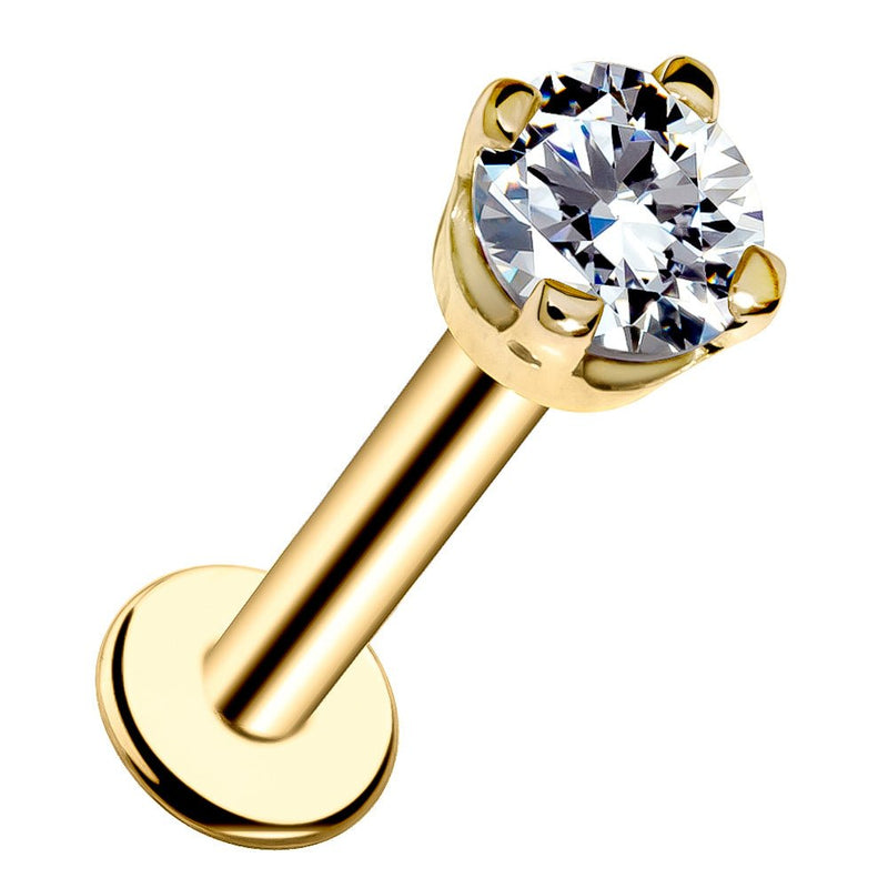 14k yellow gold flat back labret stud with 3mm CZ in high-set prong basket setting, angled front view