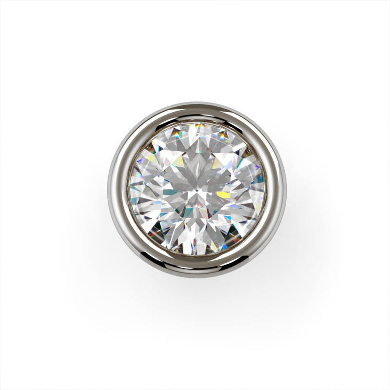 Close-up top-down view of 3mm VS1 diamond in white gold flush bezel nose stud setting