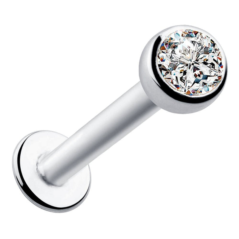 14k white gold 3mm CZ bezel-set flat back labret, front view showing CZ and flat disc backing