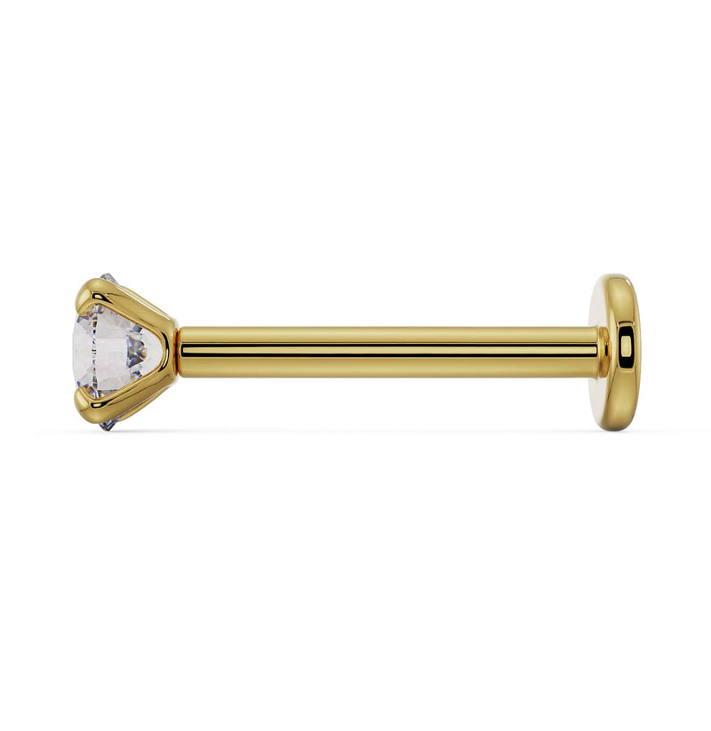 Side profile of 14k yellow gold 3mm CZ flat back labret showing post length and disc backing