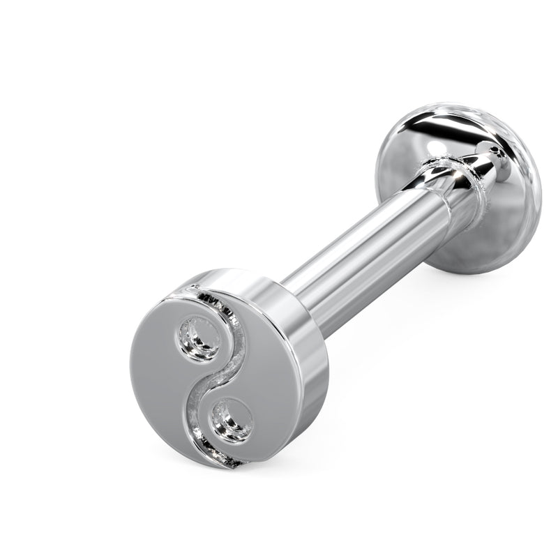 14k white gold yin yang flat back labret stud, straight-on side profile showing post length and flat disc back