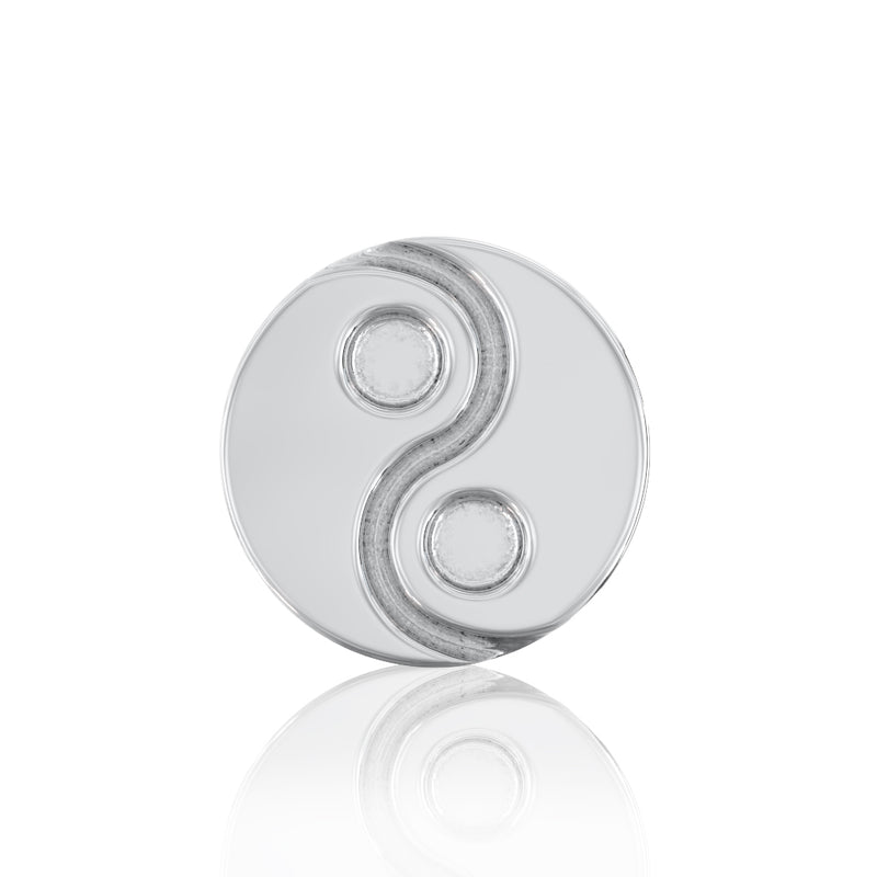Close-up front view of 14k white gold yin yang flat back stud disc showing engraved symbol detail